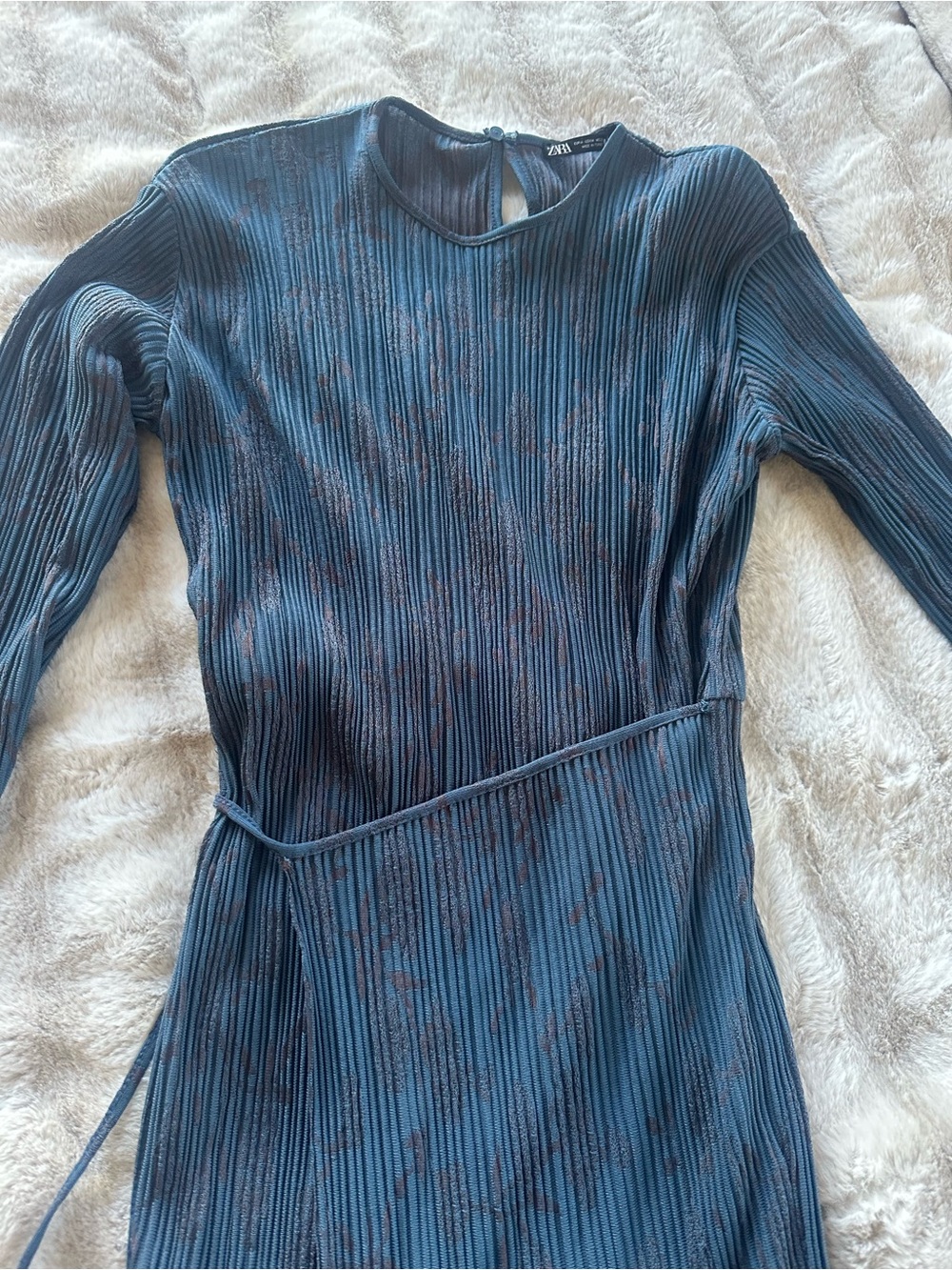 Zara Teal-Blue Ribbed Long-Sleeve Midi Dress with Waist Tie